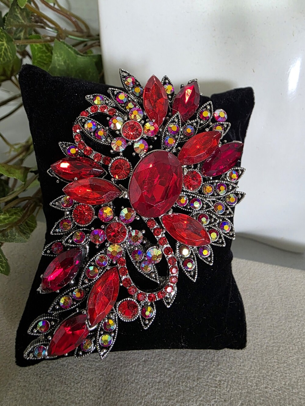 Vintage Style Ruby Red AB Rhinestone Floral Brooch Pin | Large Statement Pin